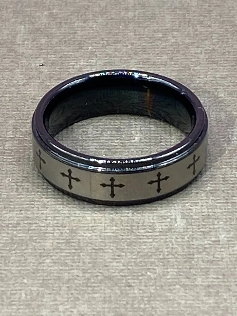Tungsten & Black Immersion Plated With Cross Etched Size 12 Band